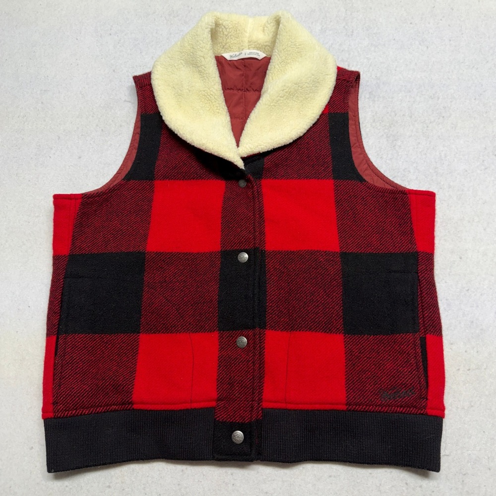 Vintage Woolrich Buffalo Plaid Wool Vest Sherpa Collar Quilt Lined Western Large